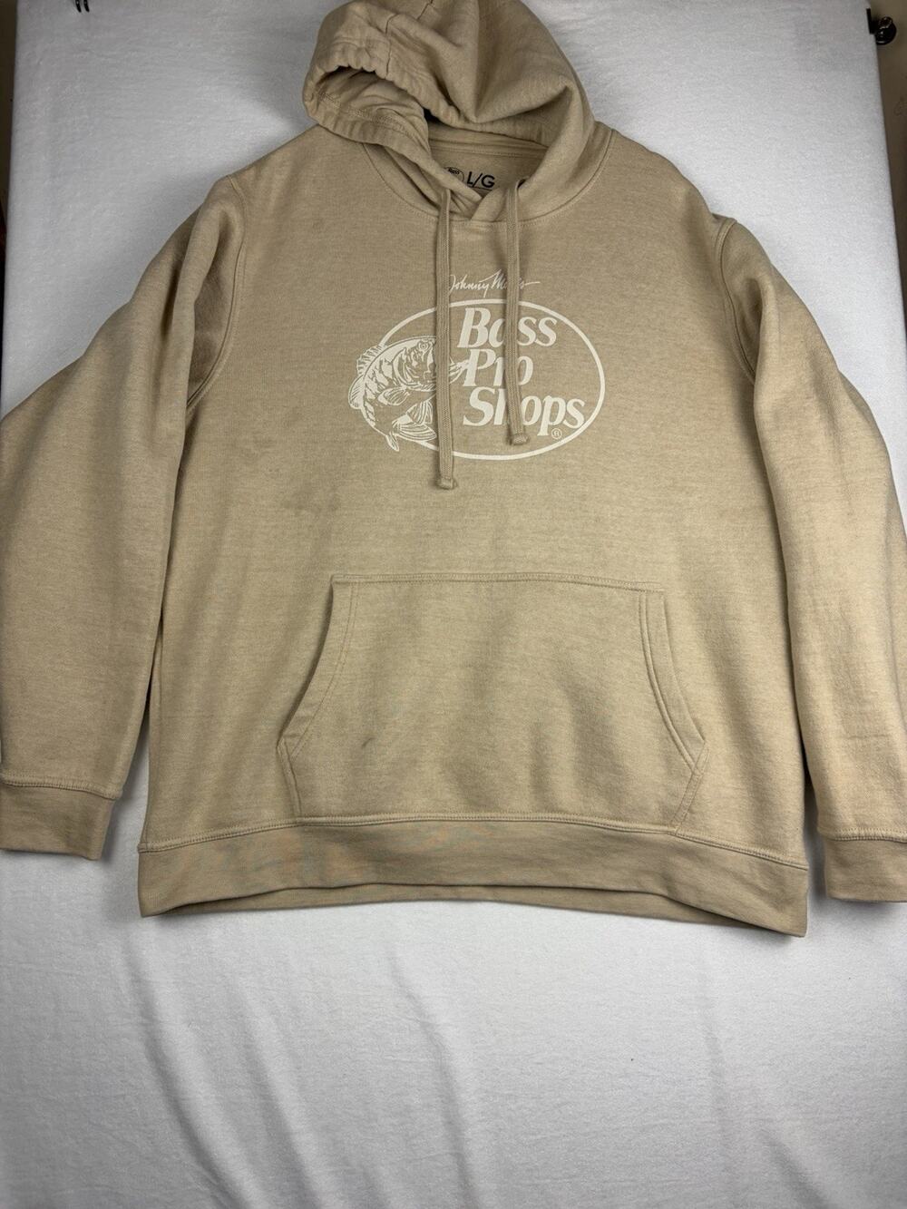 Bass Pro Shops Hoodie Men’s L Tan Johnny Morris Fishing Logo Pullover Sweatshirt